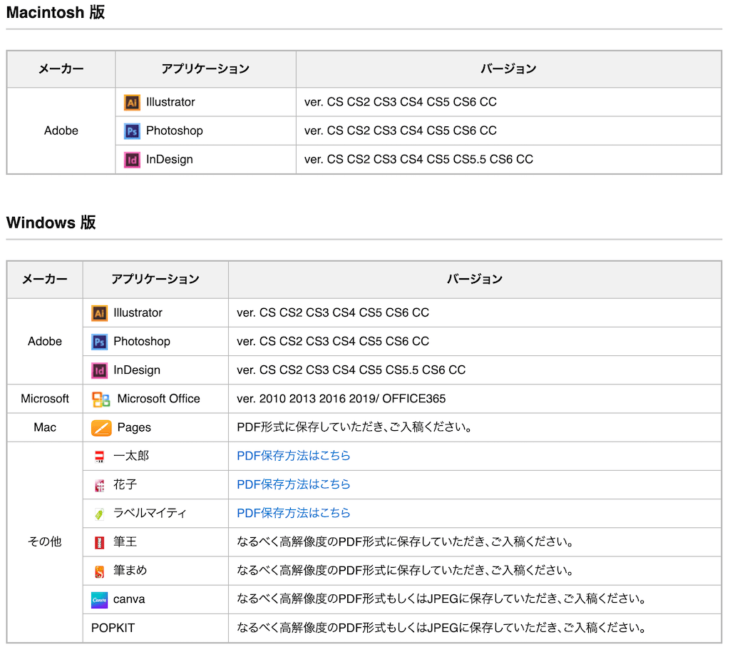 プリントアースの対応アプリケーション